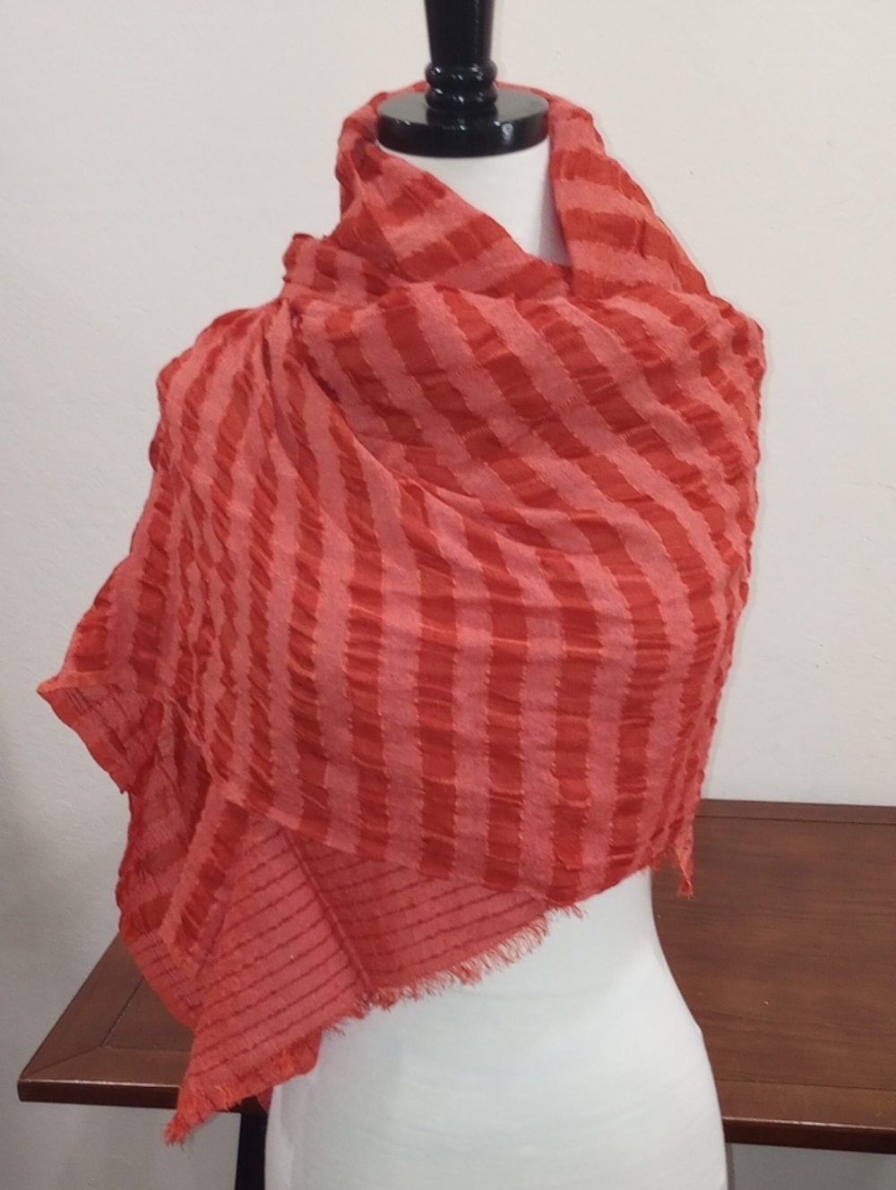 Amba Agnes Natural Hand Woven Wool And Silk Stole Fringed Scarf 72 x 24 Handmade